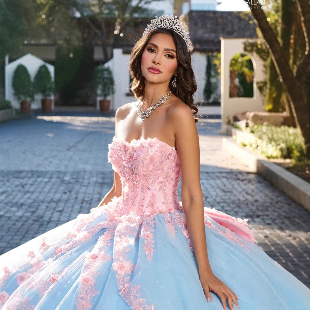 Strapless Evening Dress with 3D Flowers and Back Bow
