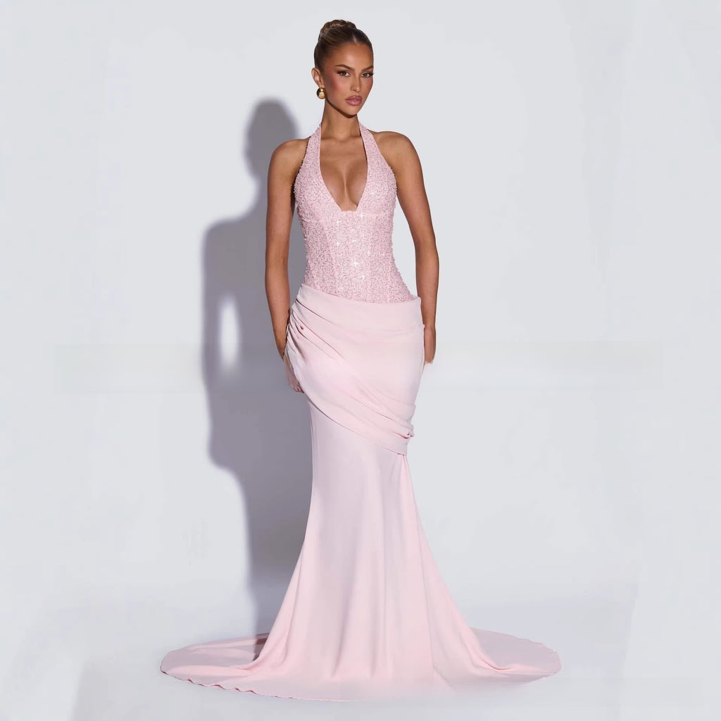 Womens Halter Neck Mermaid Evening Dress