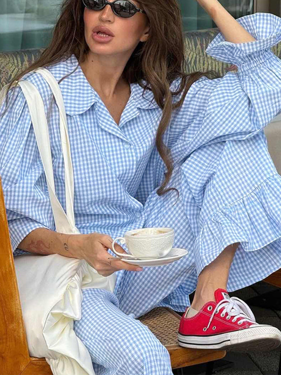 Cross-Border Pure Cotton Plaid Long-Sleeved Pants Two-Piece Set European and American 2025 Autum New Ruffled Shirt Pants Suit
