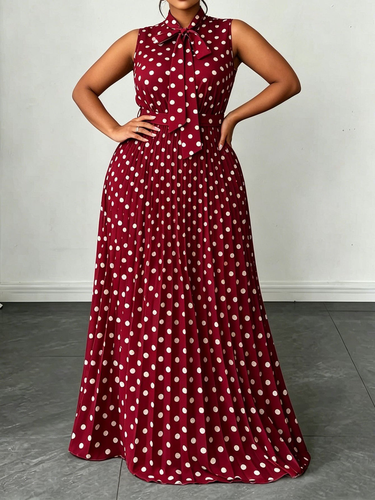 Polka Dot Sleeveless Tie-Up Mid-Length Dress