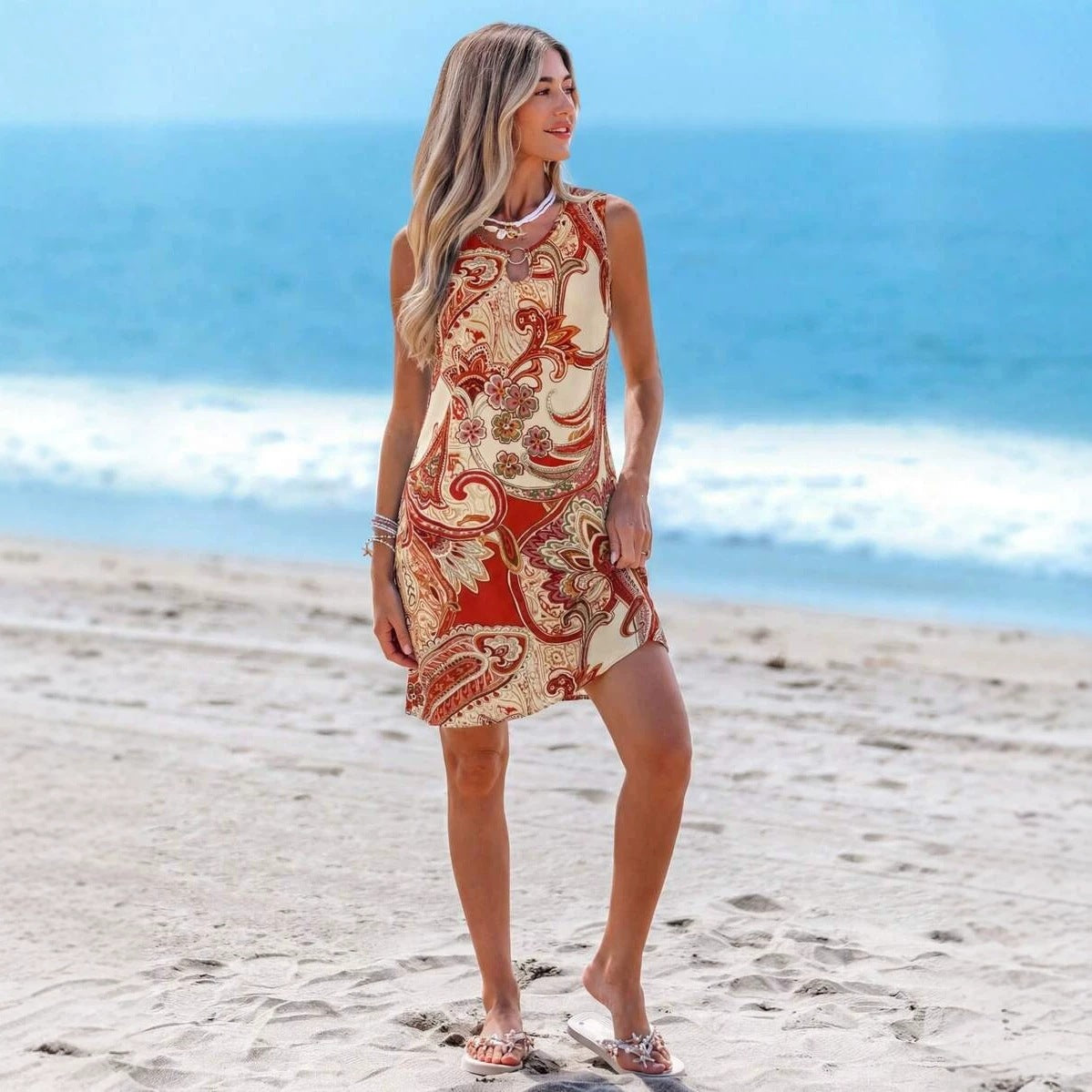 Hawaiian Floral Print V-Neck Sleeveless Mid-Length Dress