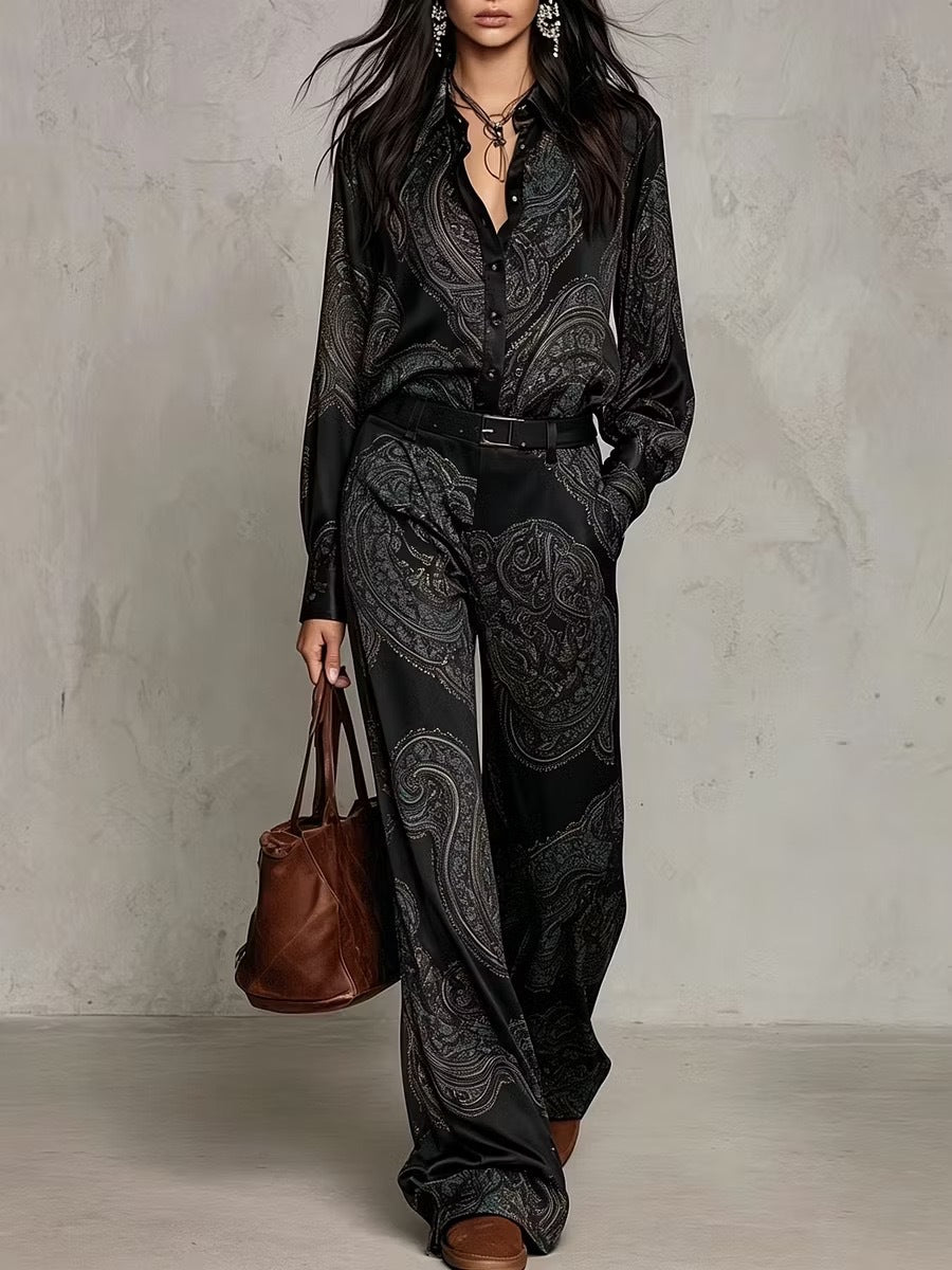 Women's Paisley Print Shirt and Wide-Leg Pants Two-Piece Set