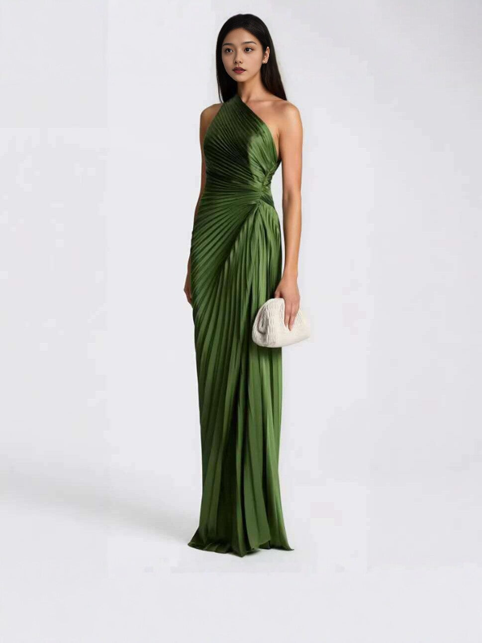 Women's Satin Halter Neck High-Waisted Pleated Long Dress
