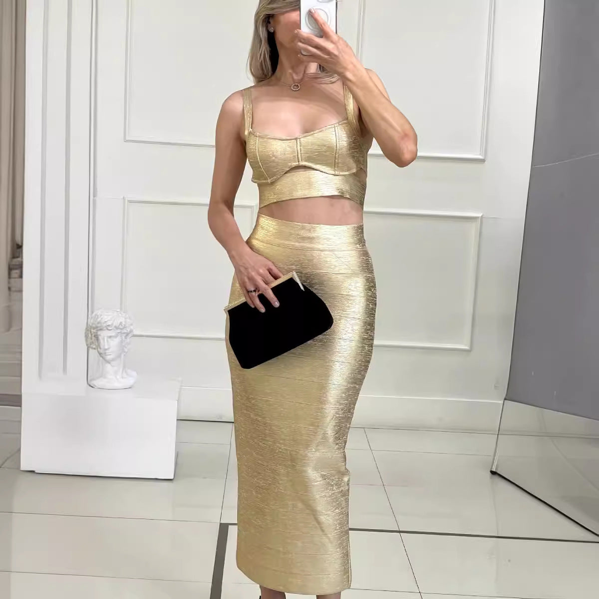 Women's gold-embossed bandage top long dress