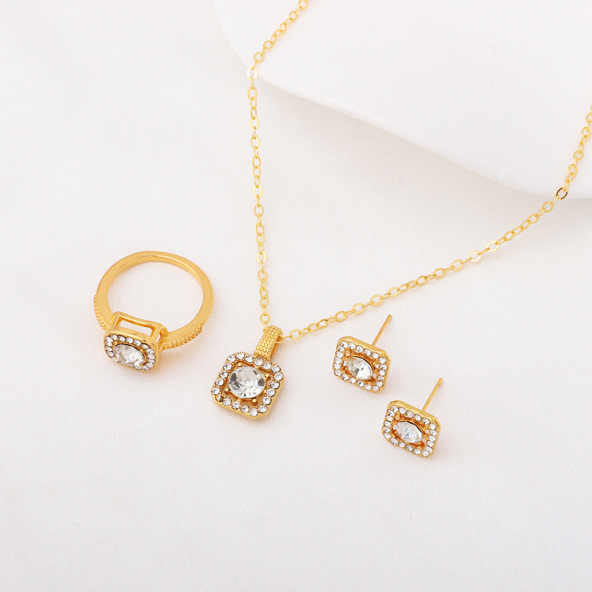 Square Rhinestone Jewelry Set Necklace Ring Earrings