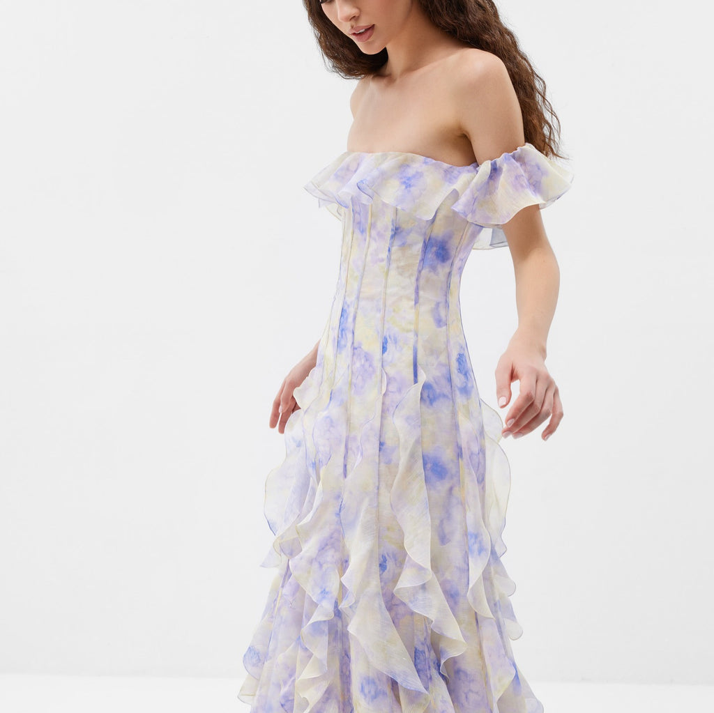 Women's Chiffon Sling Floral Ruffle Hem A-Line Maxi Dress
