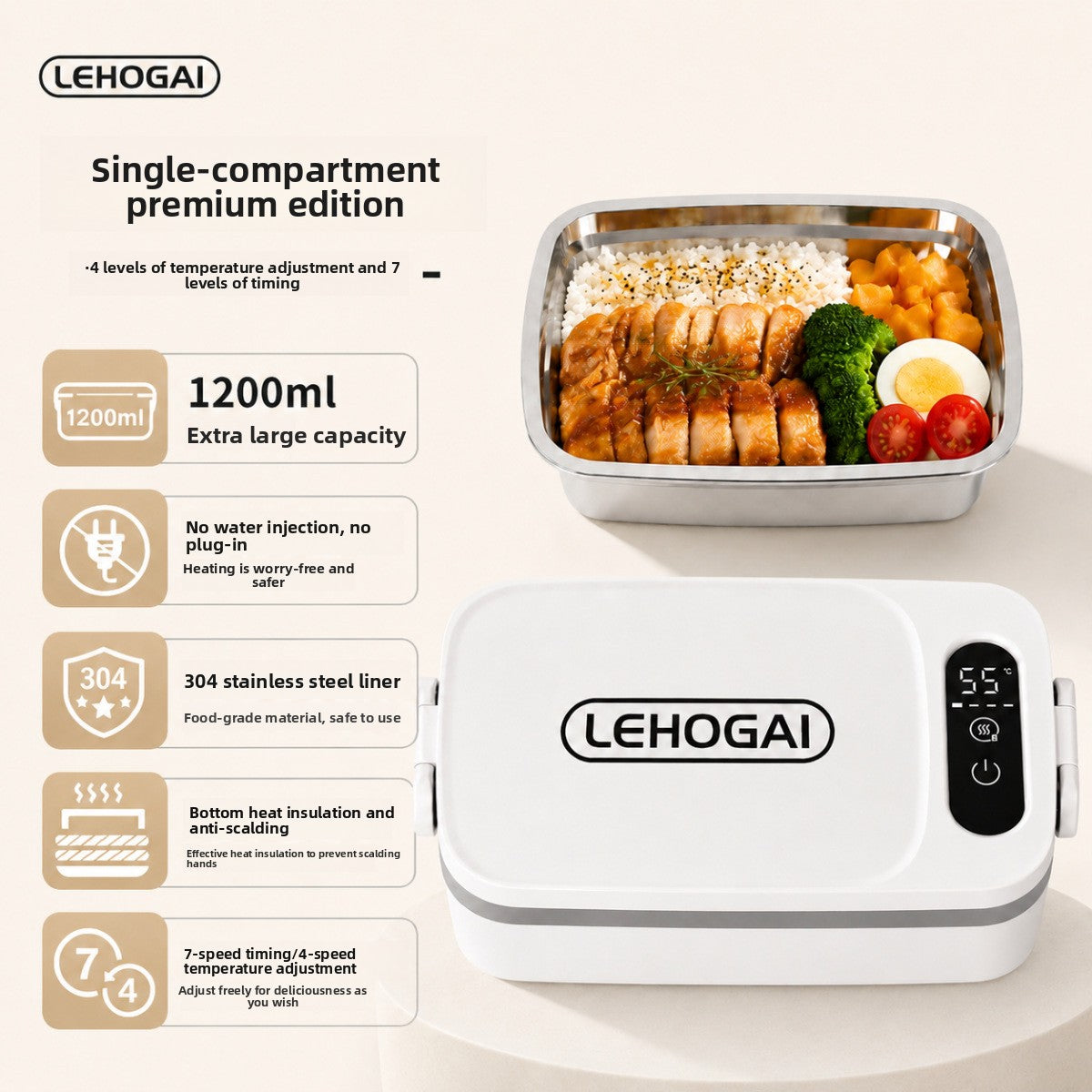 New Model of Water-Free Heating Lunch Box, USB Charging Portable Insulated Lunch Box, 304 Stainless Steel Electric Heating Lunch Box