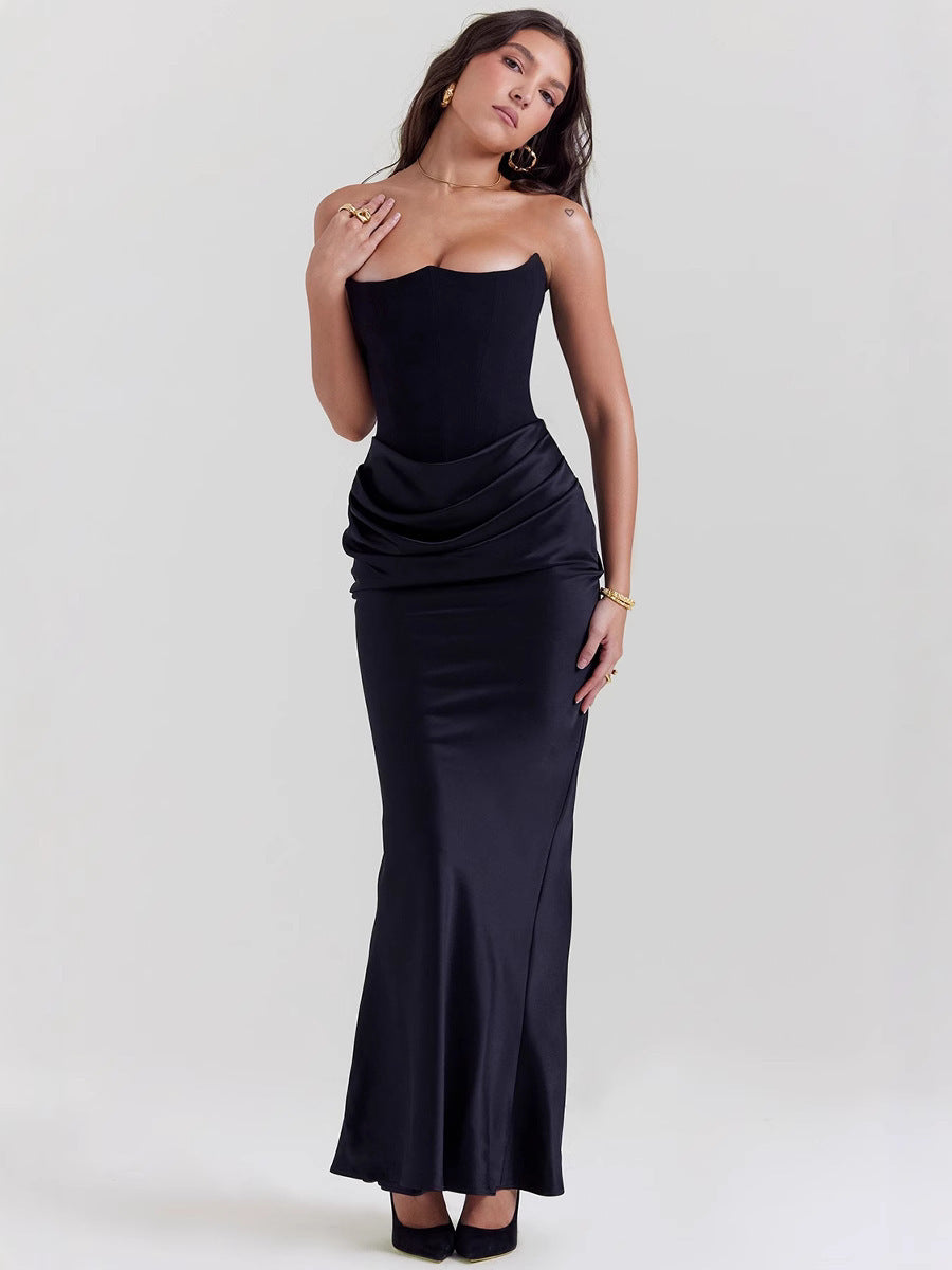 Women's Off-Shoulder Corset Pleated Bodycon Satin Maxi Dress