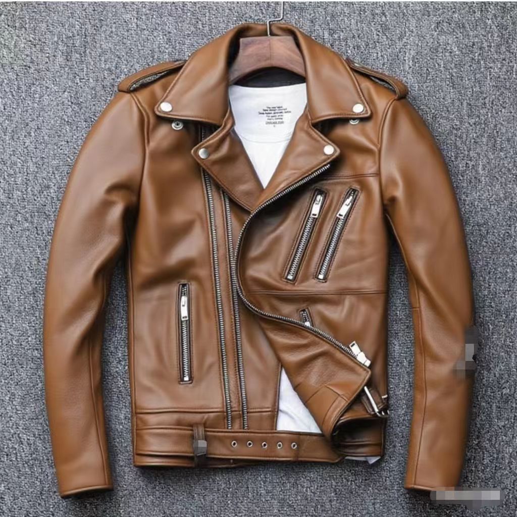 Men's leather jacket with water-washed finish, motorcycle-style men's leather jacket