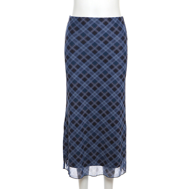 Uena American Retro Lace Bow Plaid Mesh Slit Skirt for Women