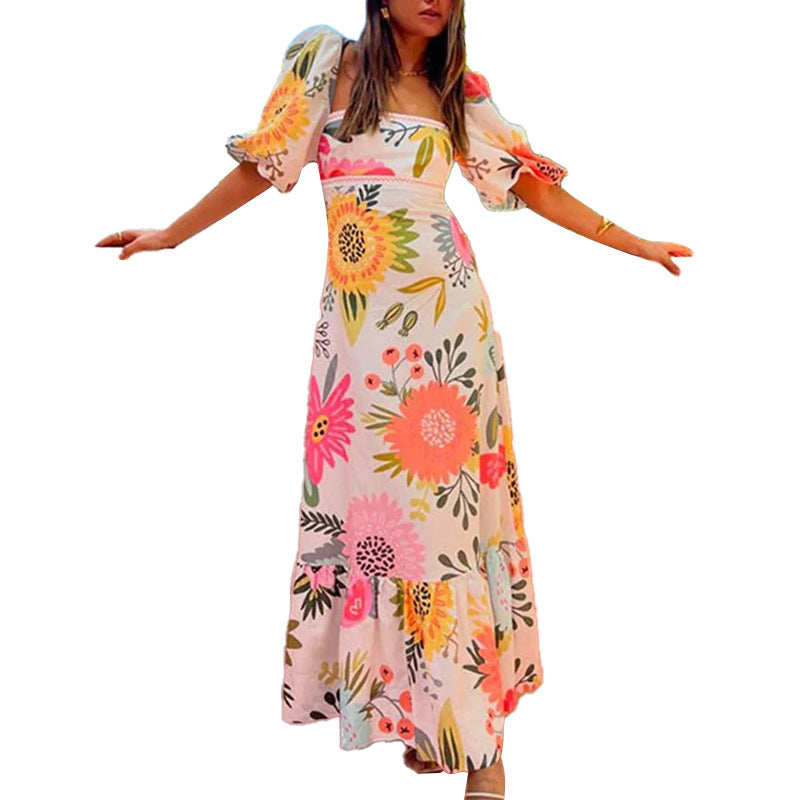 Flared Lantern Sleeve Printed Dress