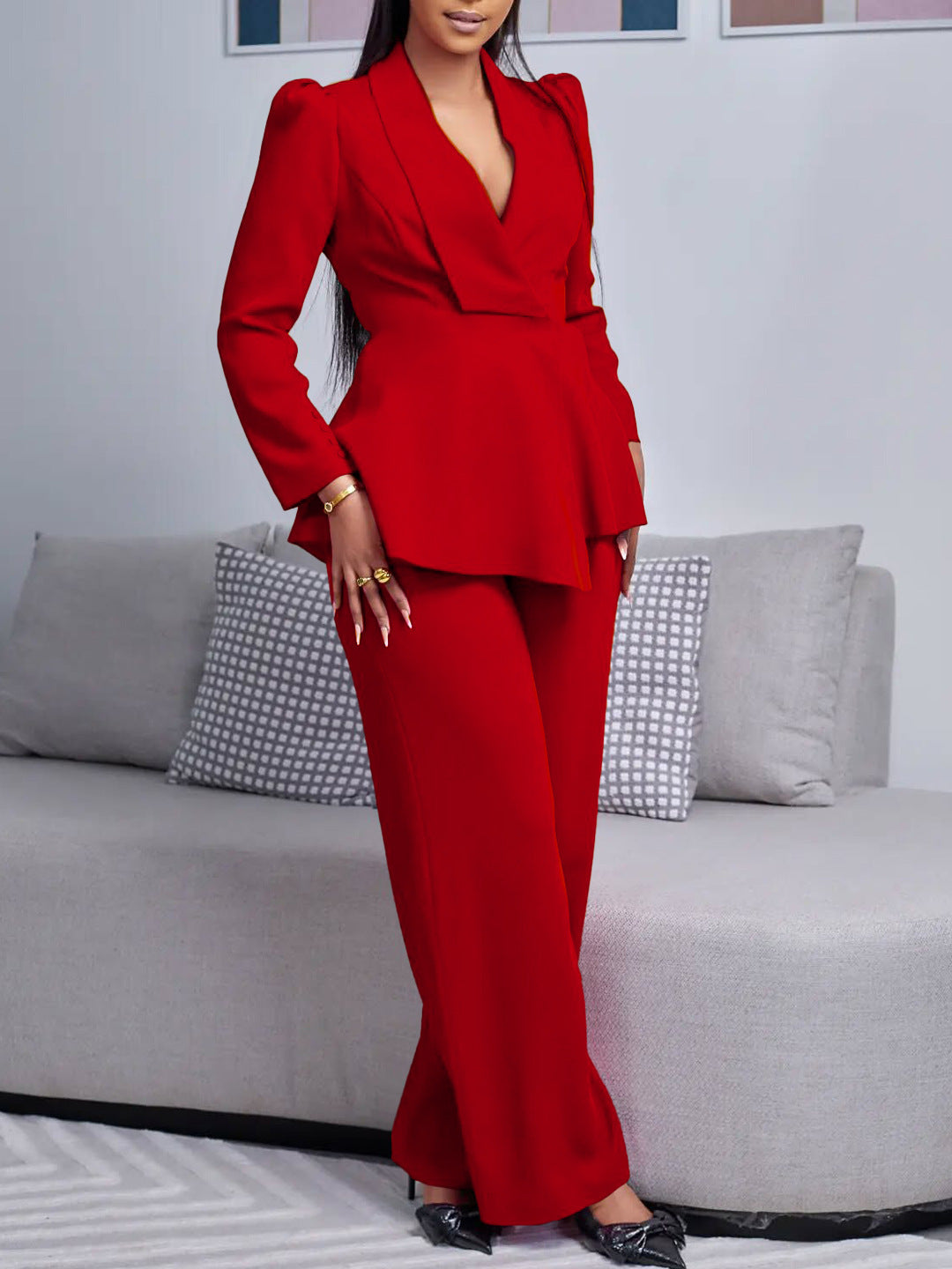 Elegant Women's Office Suit Set with Wide Leg Pants