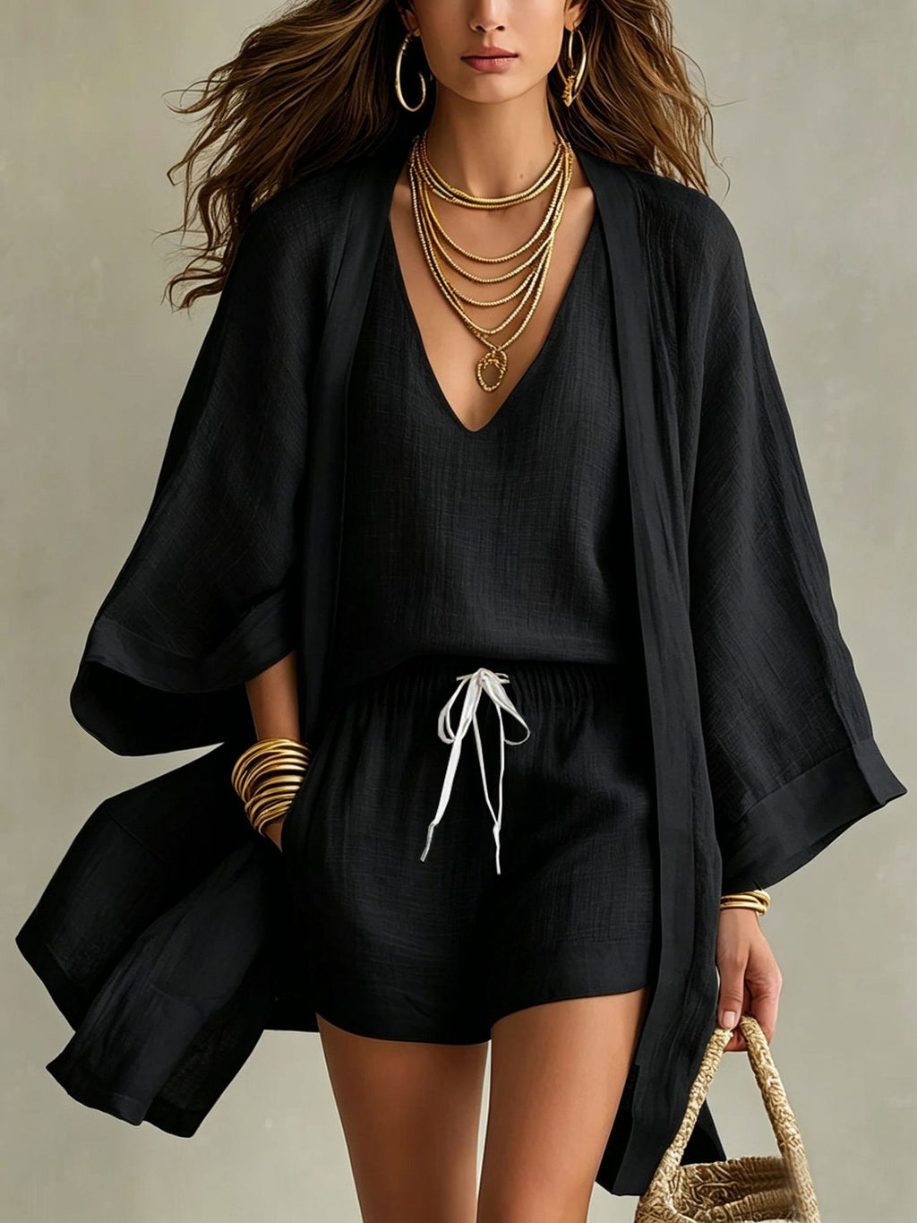 Summer New Loose Linen Blend 3-Piece Set Cardigan Vest Shorts