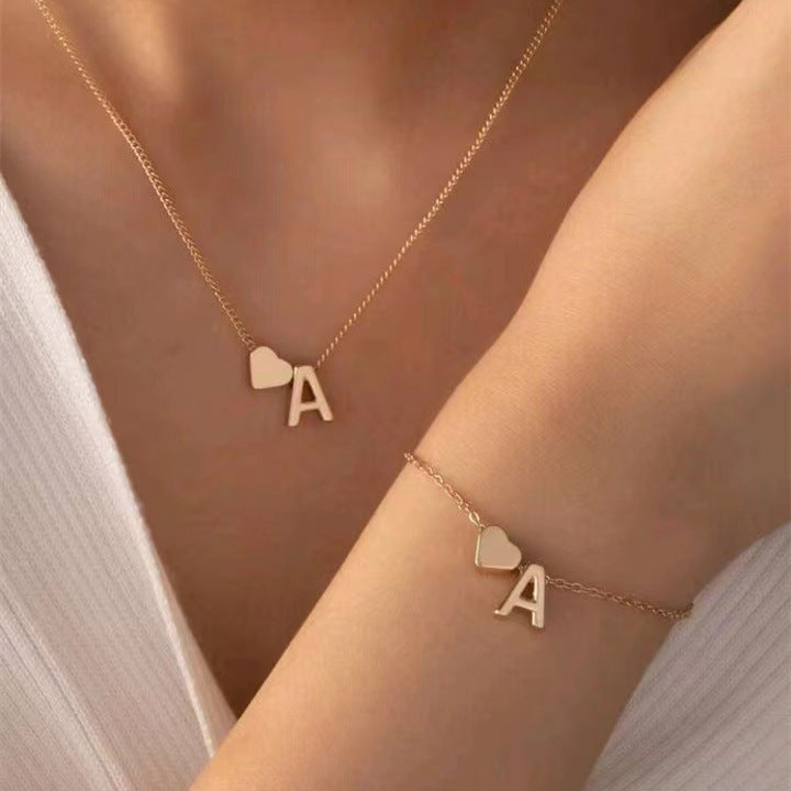 Heart Letter Necklace and Bracelet Set