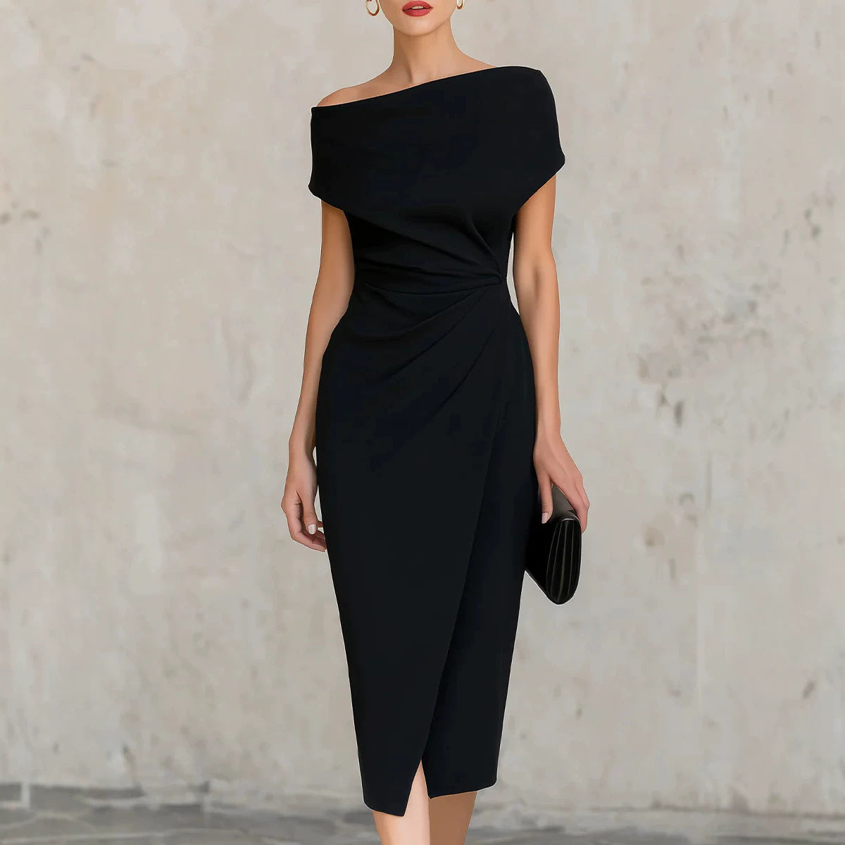Off-shoulder waist pleated dress elegant dress dress womenOff-shoulder waist pleated dress elegant dress dress women