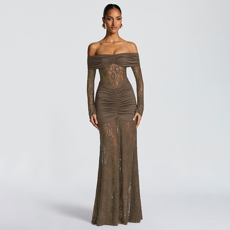 Women?s Sexy Off-Shoulder Cut-Out Long Sleeve Mermaid Maxi Dress Party Gown