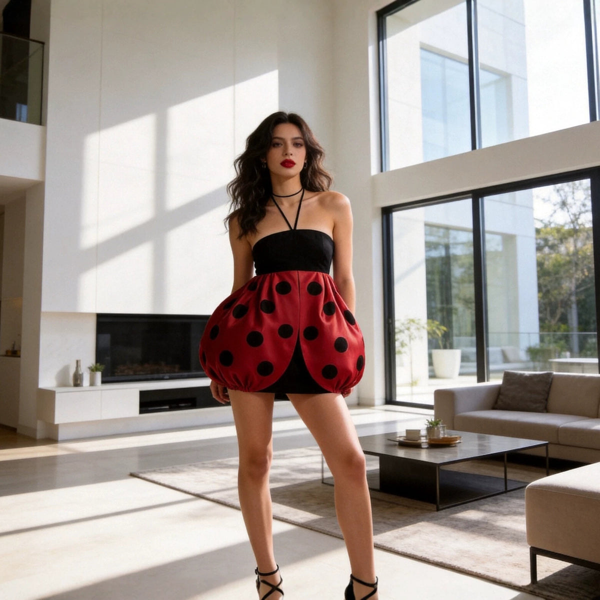 Ladybug Print Halter Neck Dress with Leggings
