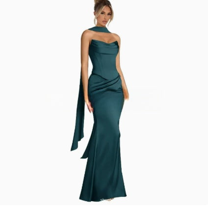 Women's Halter Neck Satin Fishtail Long Evening Dress