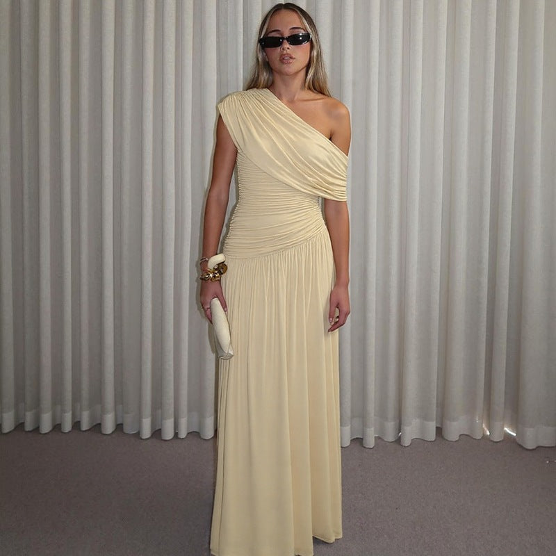 Womens Slant Collar Pleated Dress