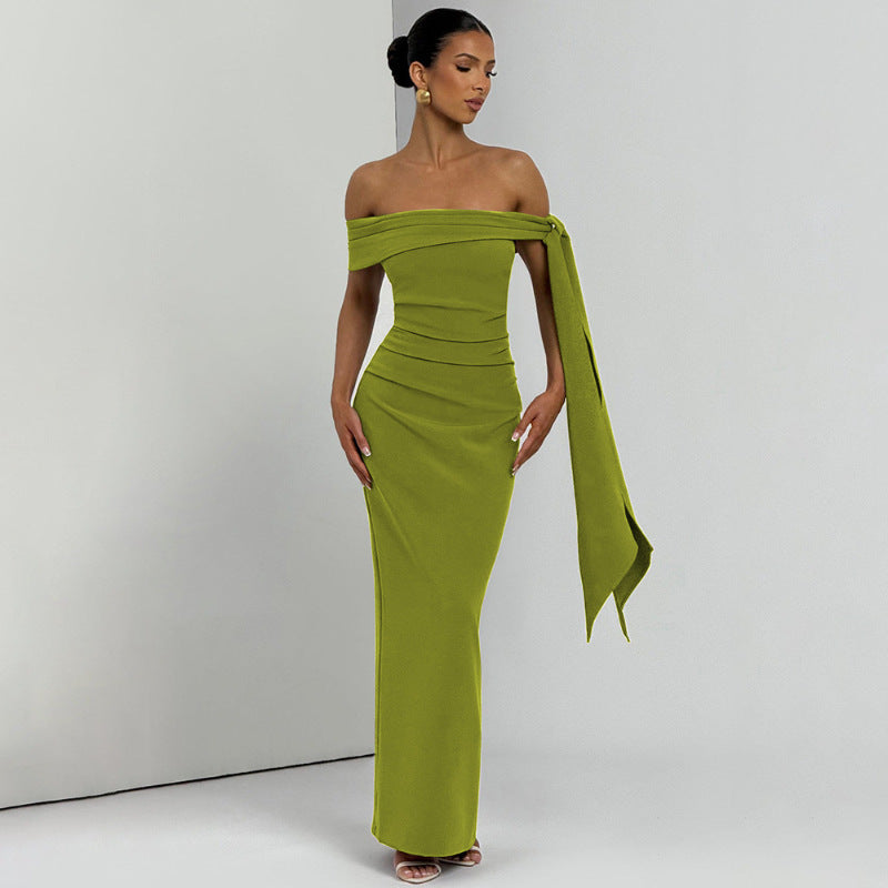 Sexy Tube Top Dress Slim Solid Color Ribbon Exposed Backpack Hip Women's Long Skirt