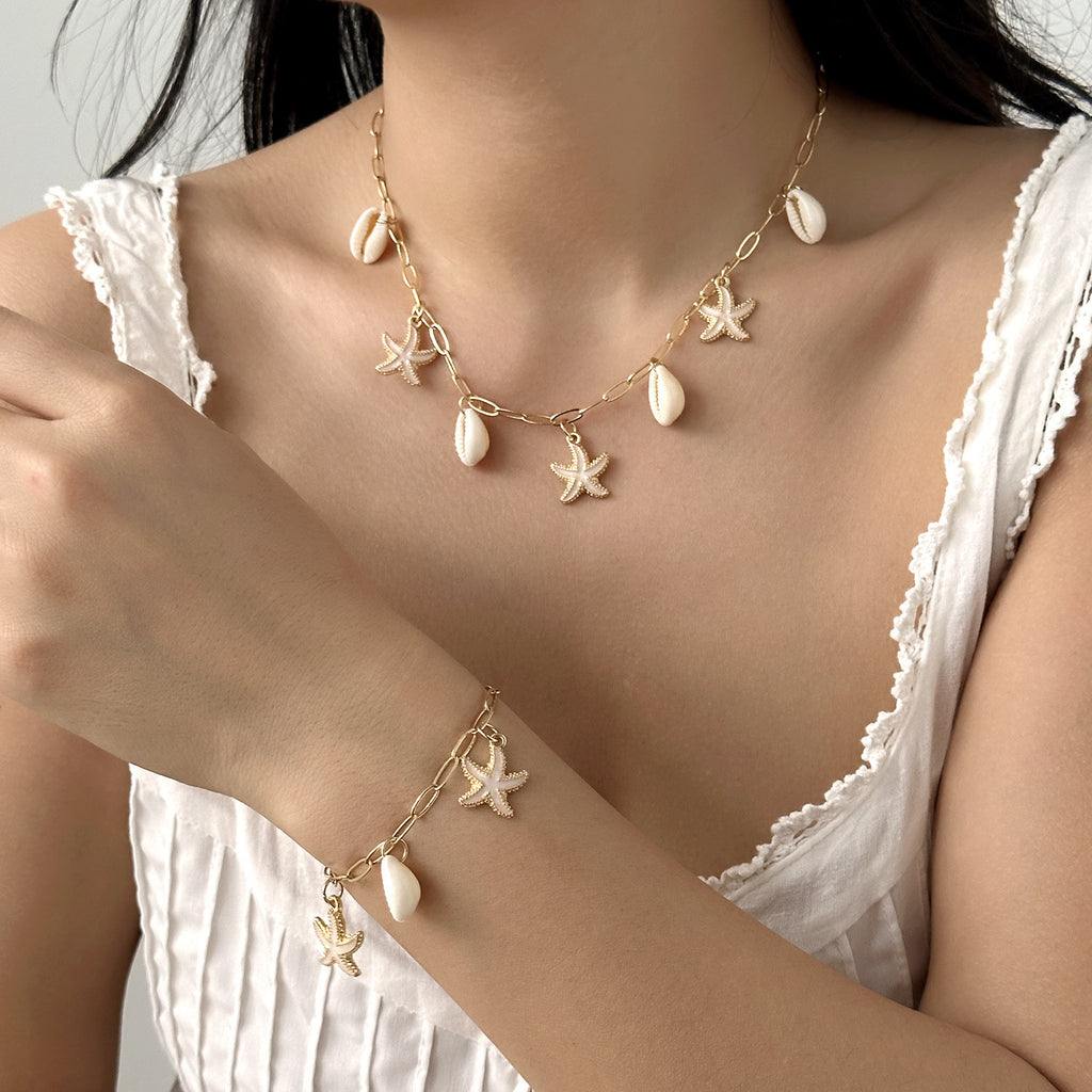 Adjustable Pearl Bracelet and Necklace Set with Coastal Charms