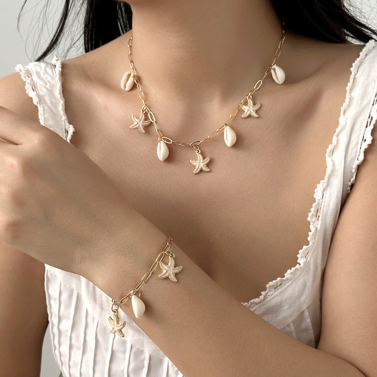 Adjustable Pearl Bracelet and Necklace Set with Coastal Charms