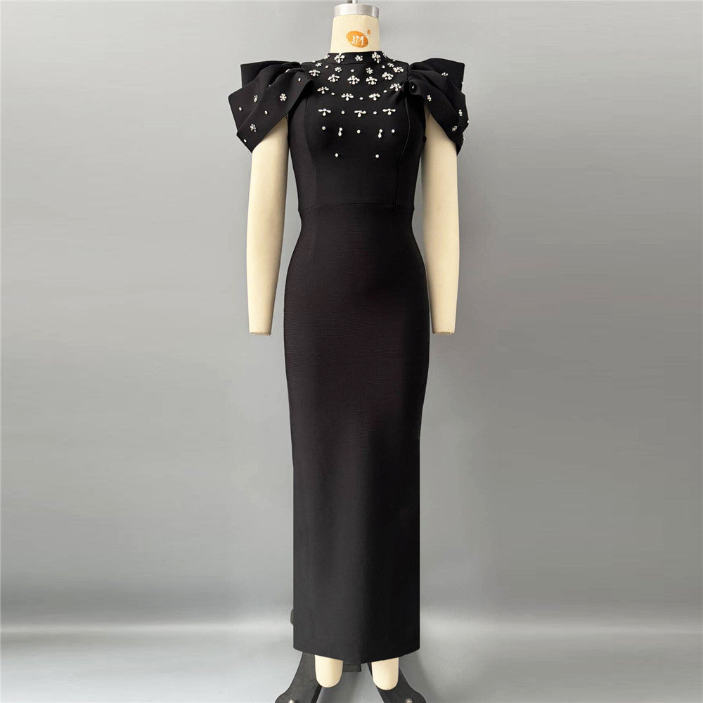 Women's Rhinstone Ruffle Sleeve Bodycon Knitted Long Dress