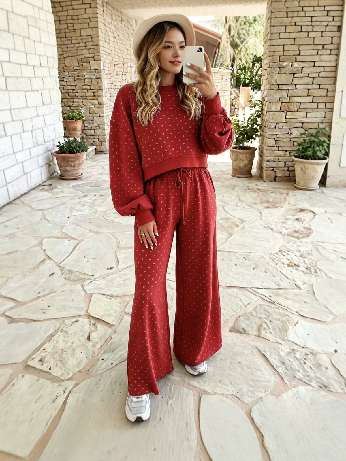 Women's High-Waisted Polka Dot Print Knit Sweatshirt and Wide Leg Pants Set