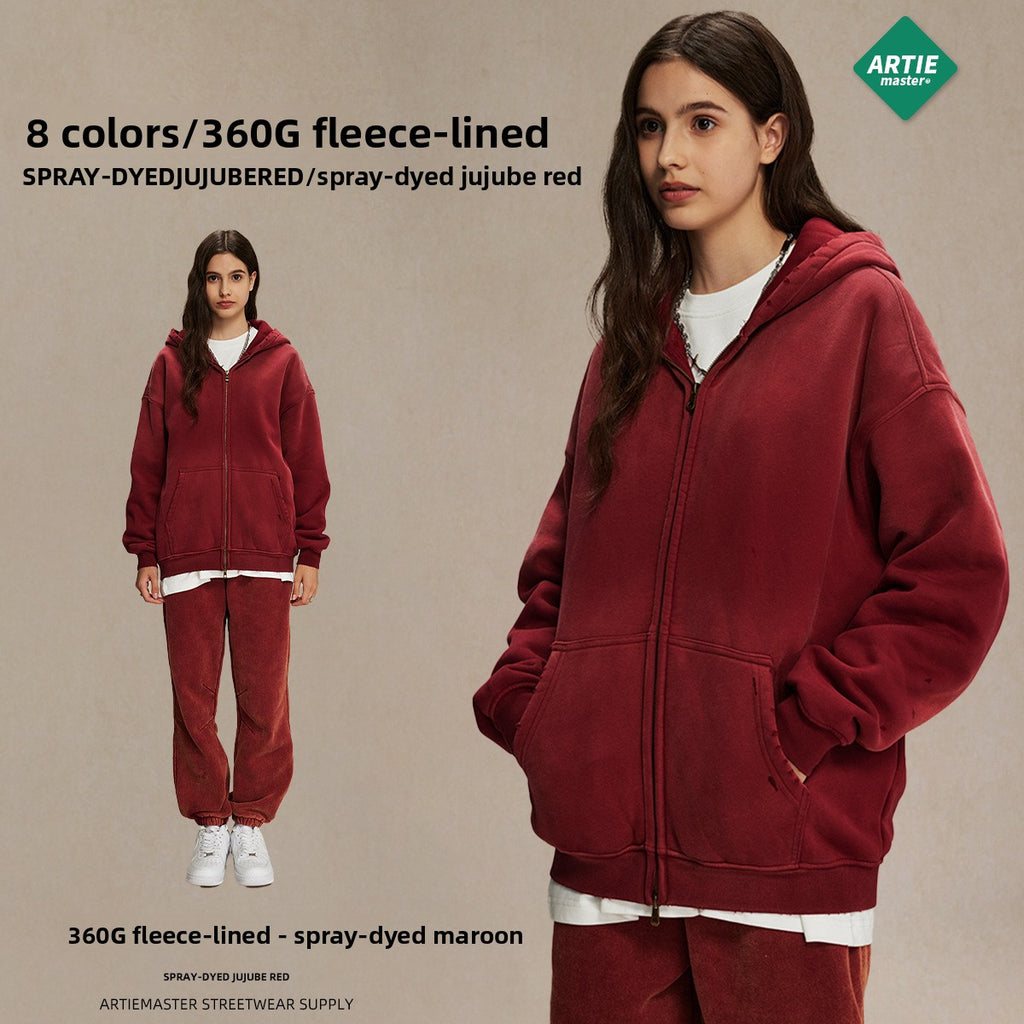 Men's garment dyeing distressed and padded double-headed zipper sweatshirt and pants set