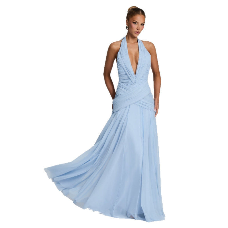 Womens Chiffon Deep V Neck Evening Gown