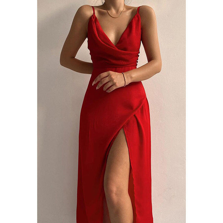Womens V-Neck Suspender Slit Dress