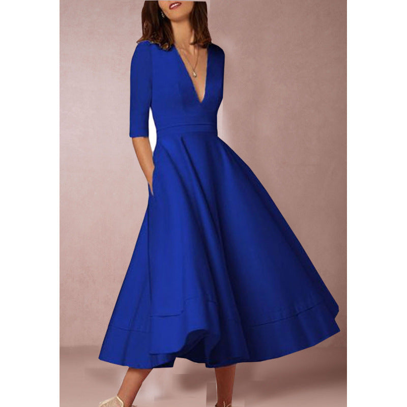 Womens Sexy Deep V Mid Sleeve Solid Color Splicing Swing Dress