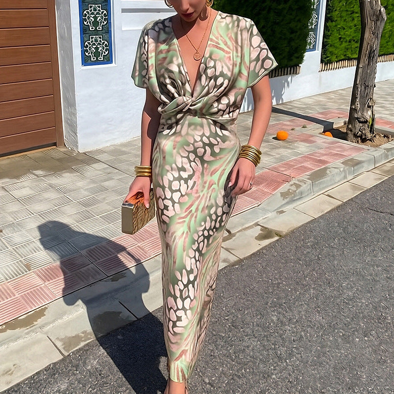 Summer Fashion Knotted Print V-Neck High-Waist Dress