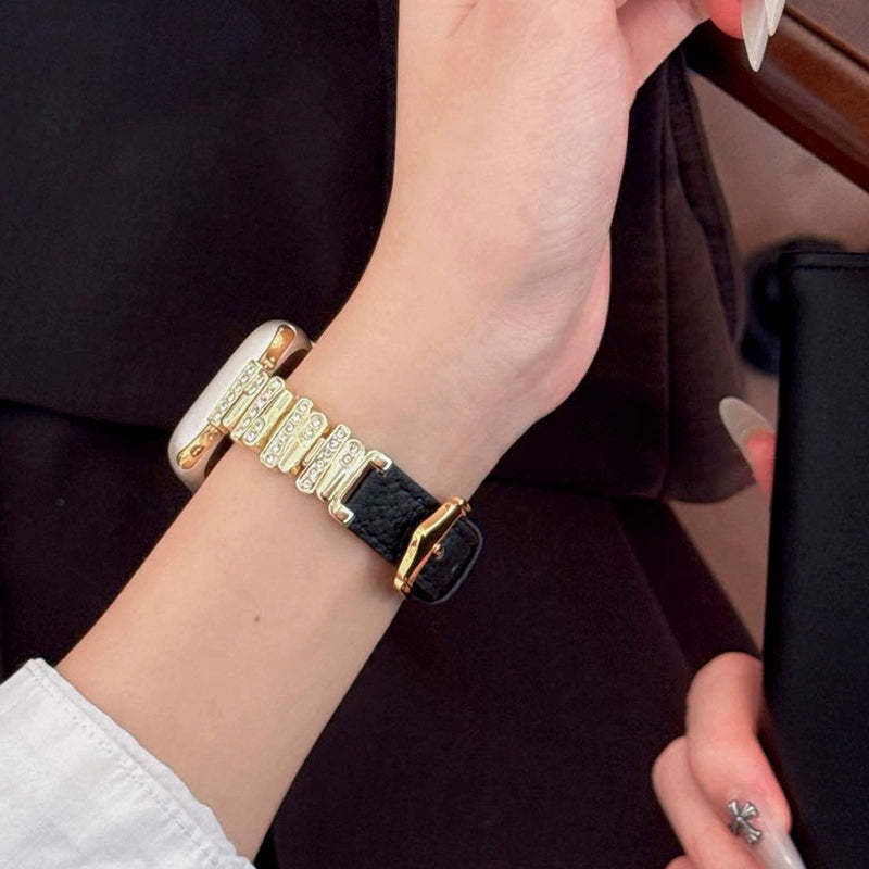 Irregular Diamond-Encrusted Leather Strap for Apple Watch Series 1-11