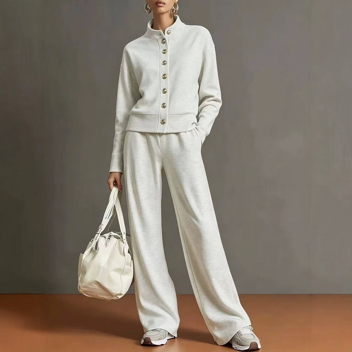 Women's Solid Color Stand Collar Sweatshirt and Wide Leg Pants Casual Two Piece Set