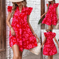Flounce Sleeve V Neck Printed Midi Dress