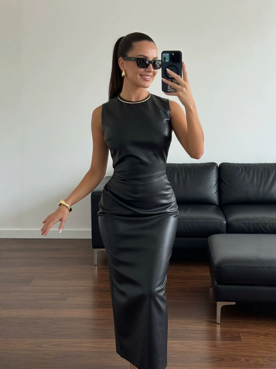 Women's Sleeveless Pleated PU Leather Long Dress