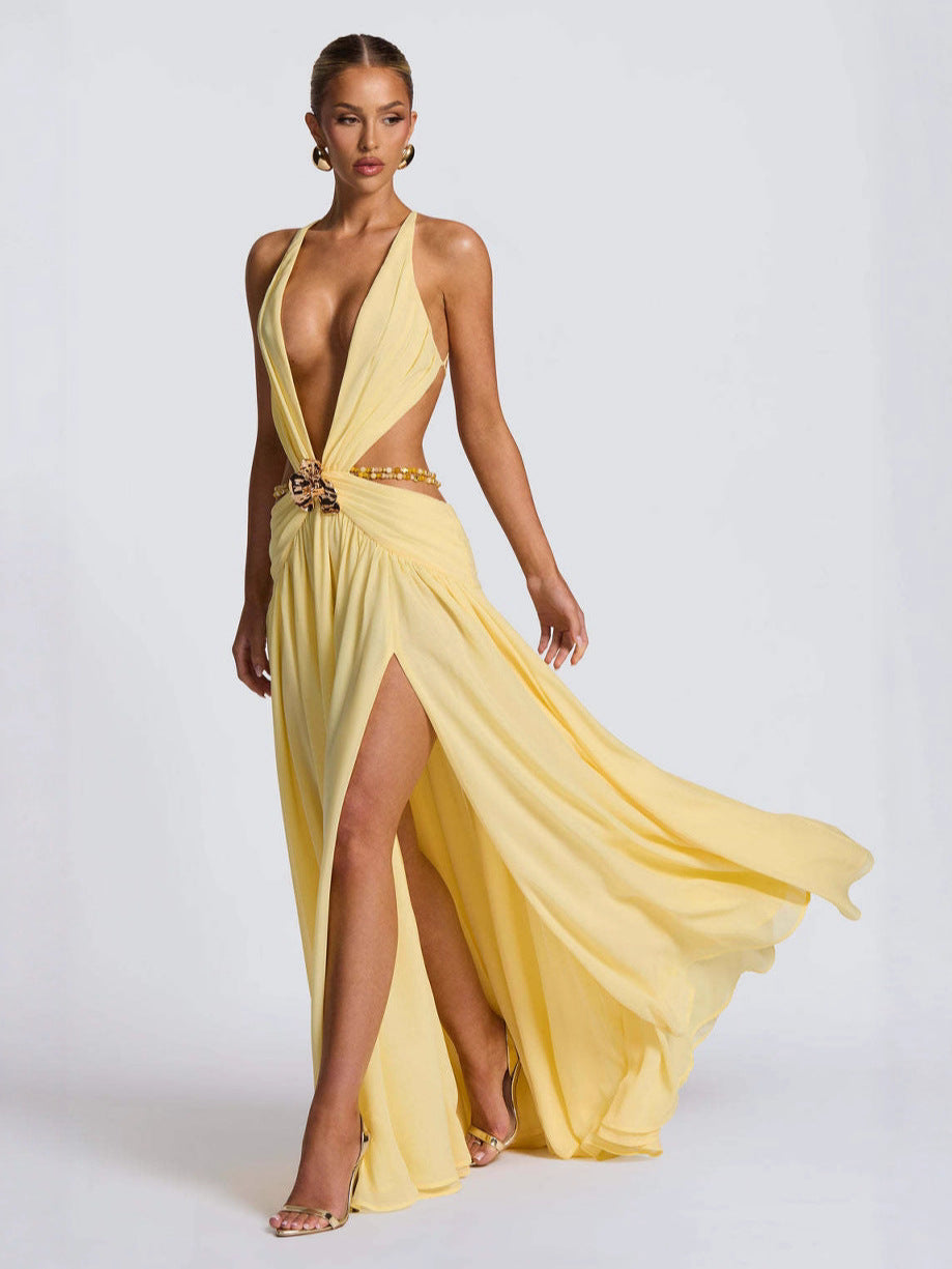 Halterneck Deep V Back Lace Up High Slit Dress