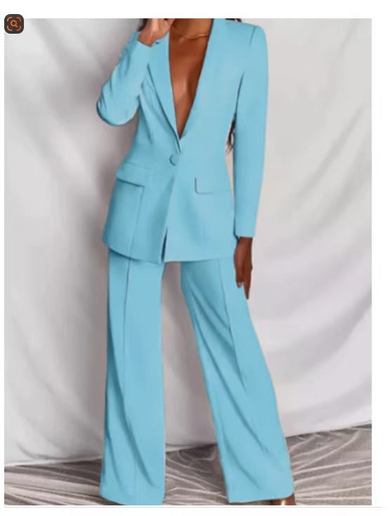 Womens Long Sleeve Blazer Straight Leg Pants Suit Autumn Elegant Trousers Set