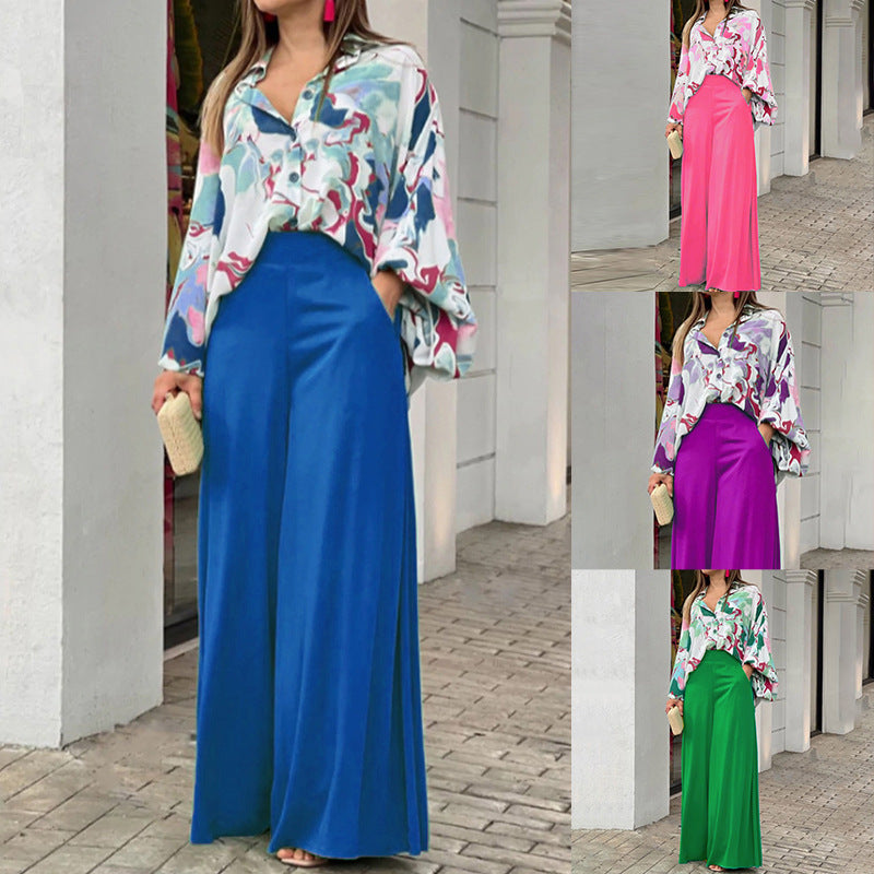 Floral Print Shirt and Wide-Leg Pants Set