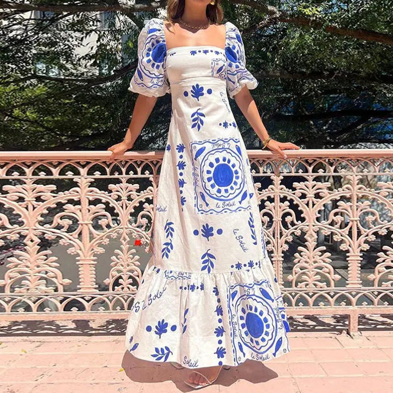Flared Lantern Sleeve Printed Dress