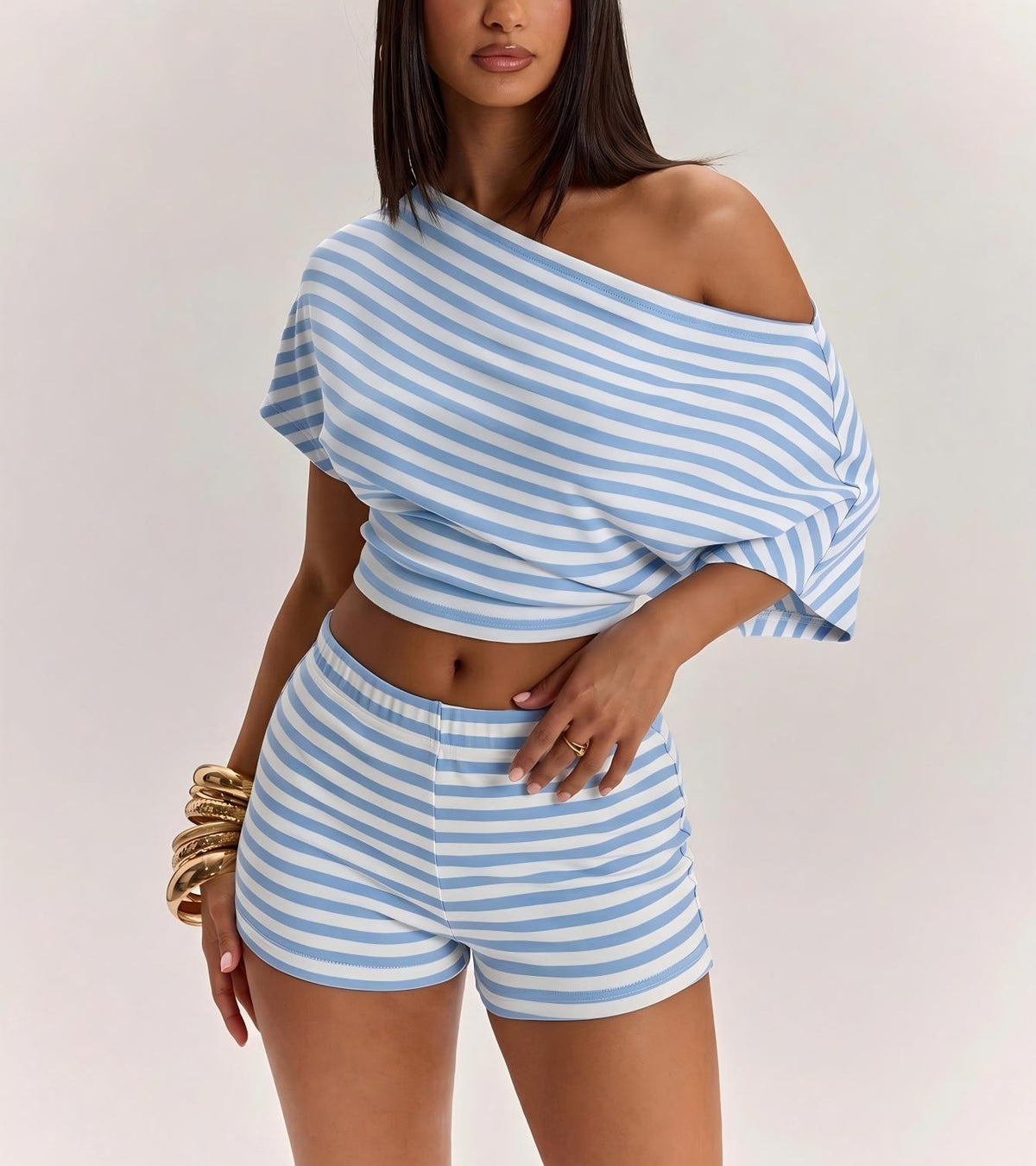 Off-Shoulder Short-Sleeve T-Shirt High-Waisted Shorts
