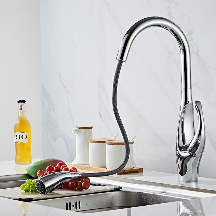 Nordic Style Pull Out Kitchen Faucet with Dual-Mode Sprayer Hot and Cold Water Copper Sink Tap