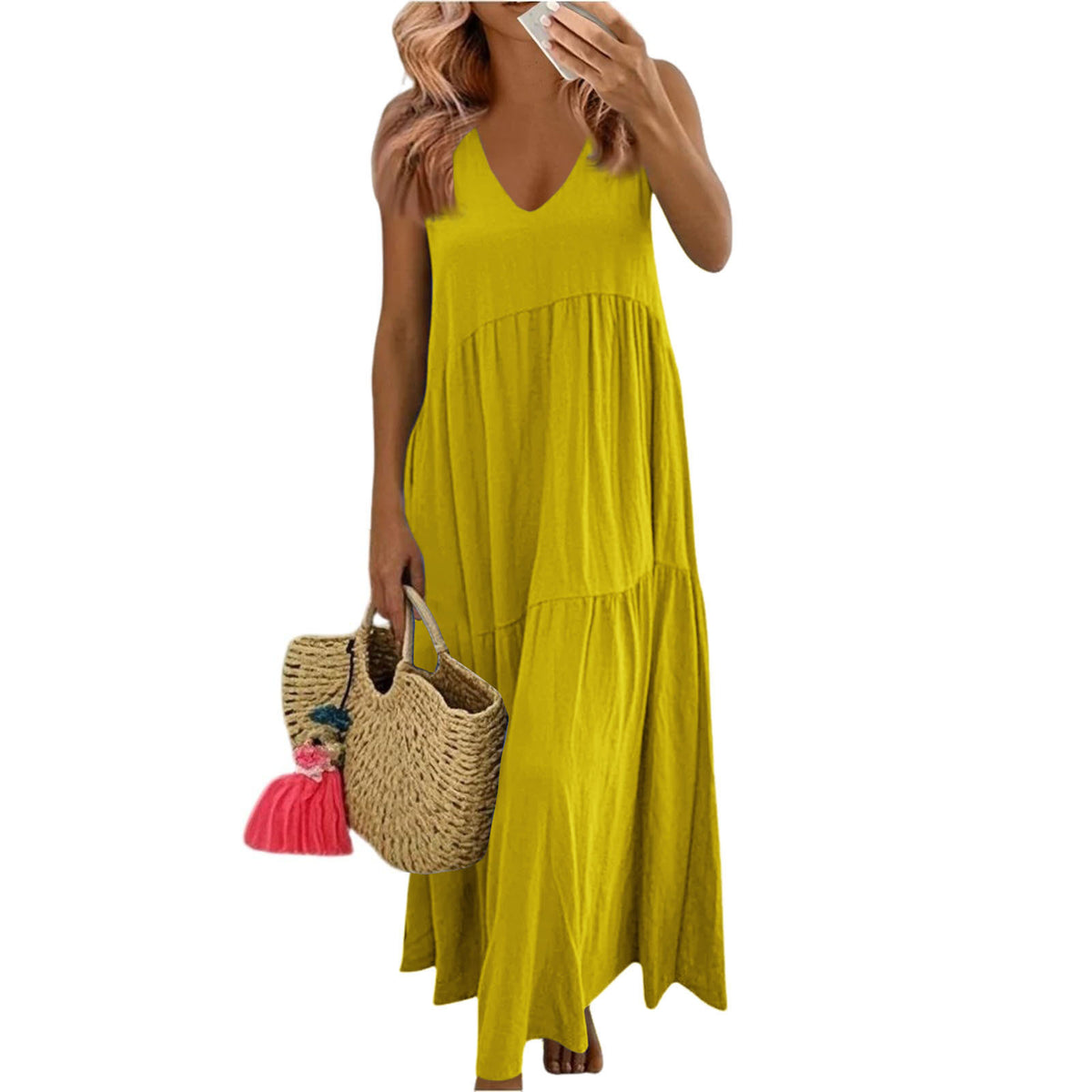 Women's Cotton V-Neck Sleeveless Bohemian Layered Maxi Dress