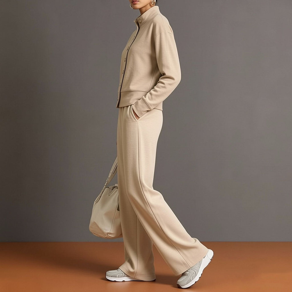 Women's Solid Color Stand Collar Sweatshirt and Wide Leg Pants Casual Two Piece Set