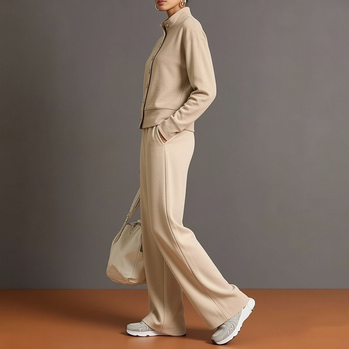 Women's Solid Color Stand Collar Sweatshirt and Wide Leg Pants Casual Two Piece Set
