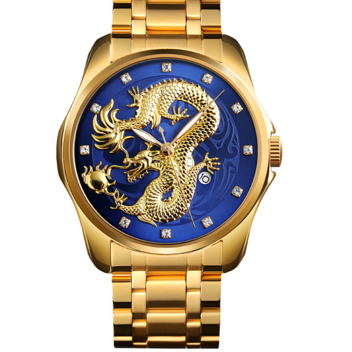 Mens Dragon Embossed Quartz Calendar Watch