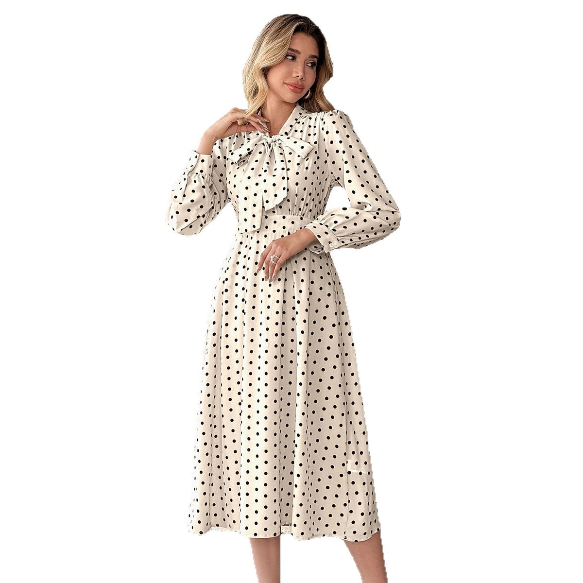 Retro Bow Collar Polka Dot Mid-Length Dress