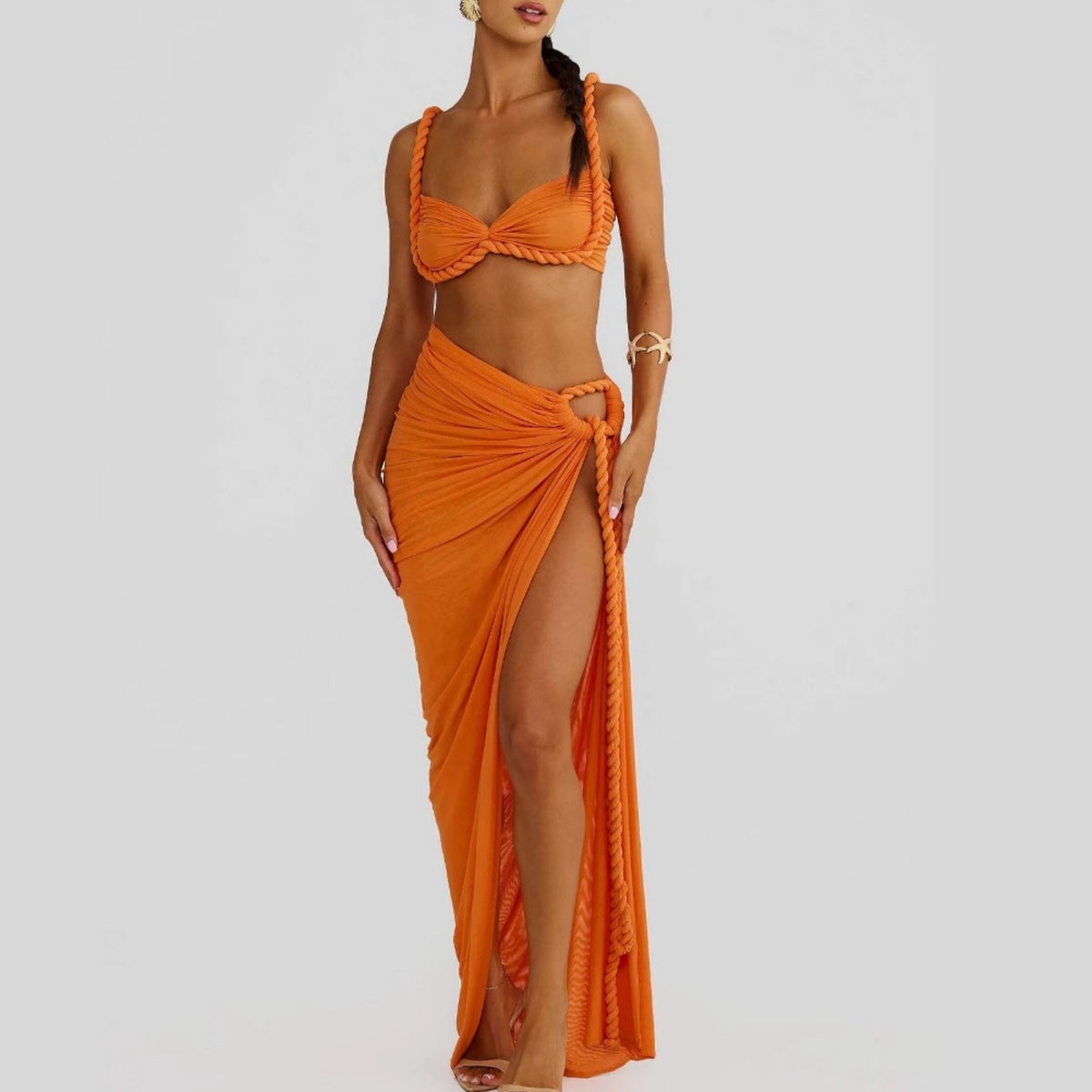 Braided Swimsuit Top and Slit Skirt