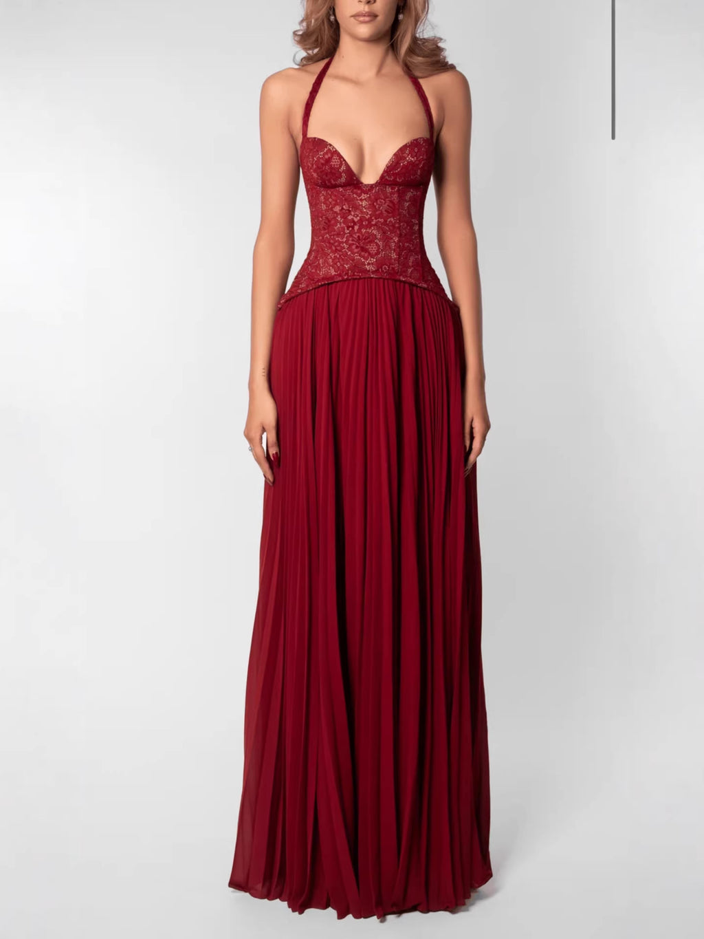 Womens Halter Backless Low Neck Waist Cinching Ruched Pleated Dress